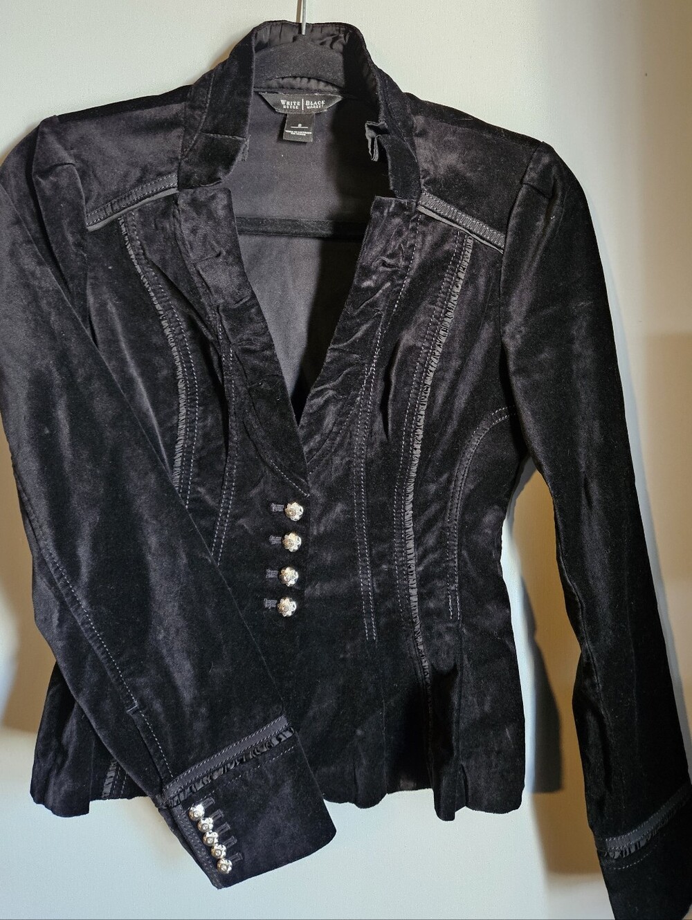 White House Black Market Black Velvet Fitted Blazer with Shiny Buttons